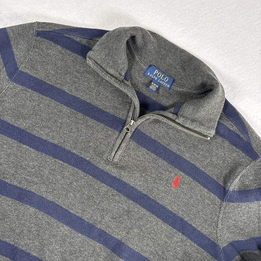 Polo Ralph Lauren 1/4 Zip Youth Size XL 18-20 Gray Navy Striped Preppy Cotton